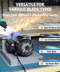Heavy Duty Electric Lawn Mower Blade Sharpener Bench Grinder With Dual Zirconium Corundum Wheels sharpening various blade types.