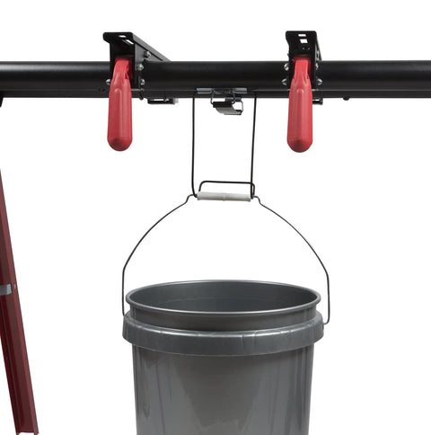 Universal Miter Saw Stand Extends To 60 Inches And Holds Up To 400 Lbs with bucket for storage shown under clamp mounts.