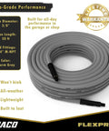 Kink Free Hybrid Air Compressor Hose Three Eighth By Fifty Foot Dual Quarter Inch Male Npt Top Shelf Cold Weather Flex coiled for garage use.
