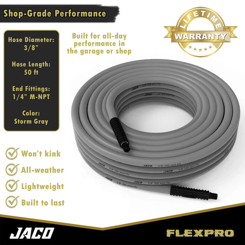 Kink Free Hybrid Air Compressor Hose Three Eighth By Fifty Foot Dual Quarter Inch Male Npt Top Shelf Cold Weather Flex coiled for garage use.