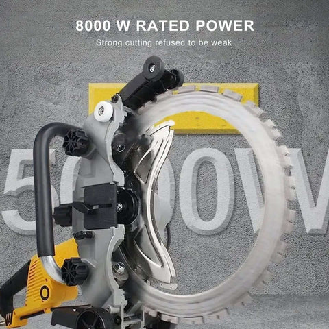 Kick Up Some Dust With This Badass 8000 W Concrete Circular Saw Featuring a Killer 29 Cm Cut Depth For Wall Grooving, showing the powerful blade and motor.