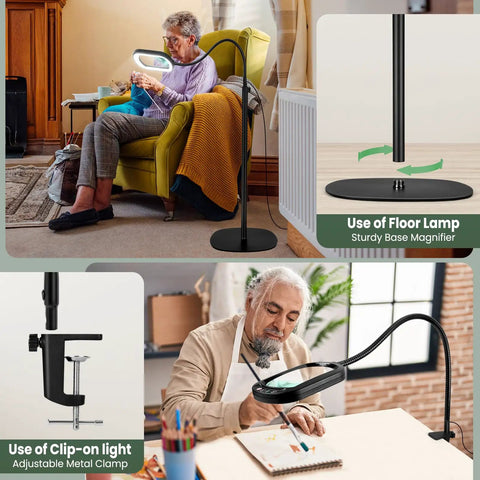 5X Rectangular Magnifying Floor Lamp With 24-Inch Flexible Gooseneck in use for reading and detailed writing, white finish.