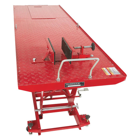 Steel Hydraulic Motorcycle Lift With 1100 Pound Capacity, Foot Operated Pump, Diamond Plate Platform, Removable Ramp