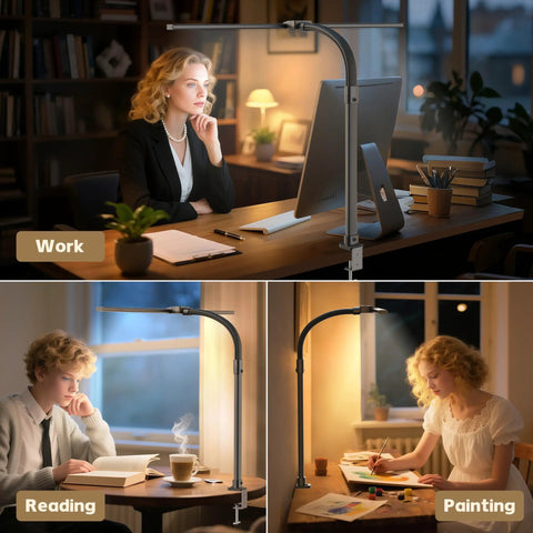 Person using Insanely Bright 24W LED Desk Lamp With Dual Swing Arm Heads for work, reading, and painting in different settings.