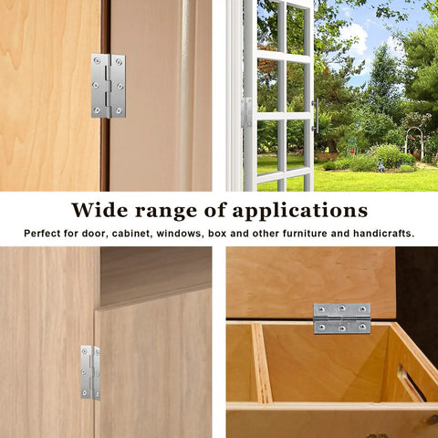 Straight Up Premium Stainless Steel Folding Butt Hinges For Cabinets, showing multiple applications on furniture and windows.