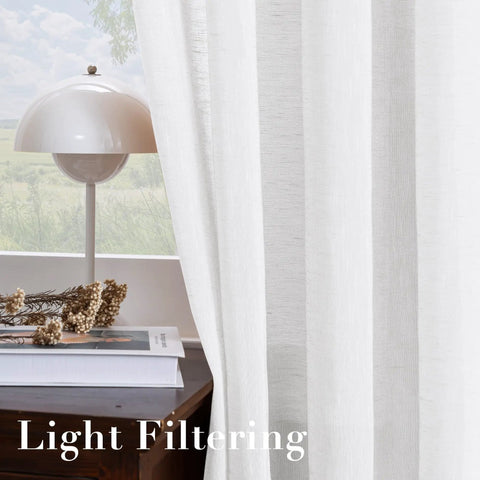 White Linen Sheer Curtains For Living Room Cozy Farmhouse Style Flax Linen Blend Light Filtering Privacy Drapes next to a lamp