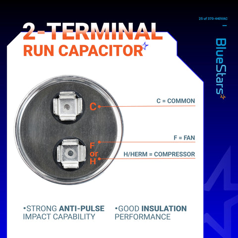 Top view of UL Certified 25uF Round Motor Run Capacitor For 370V Or 440V AC with labeled terminals and features