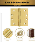 Solid Brass Ball Bearing Door Hinges Heavy Duty 4.5 x 4.5 Inch Polished Gold Finish Set Of 12 Hinges for smooth door operation image