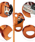 Close-up of CE Safety Certified Chest Ascender for Rock Climbing and Rappelling, 100 Kg Load, 8 to 13 Mm Rope, Orange, with SUS431 Cam