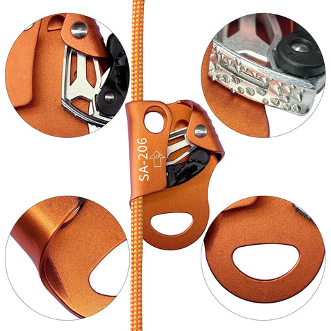 Close-up of CE Safety Certified Chest Ascender for Rock Climbing and Rappelling, 100 Kg Load, 8 to 13 Mm Rope, Orange, with SUS431 Cam