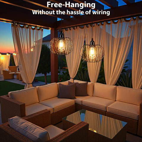 Battery Operated Hanging Chandelier Outdoor Set Of Two With Remote Control Boho Copper Wire Beaded Pendant Light in patio setting.