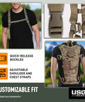 Multicam MOLLE Hydration Carrier showing adjustable straps and quick-release buckles on a backpack