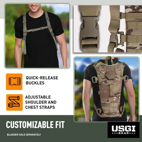 Multicam MOLLE Hydration Carrier showing adjustable straps and quick-release buckles on a backpack