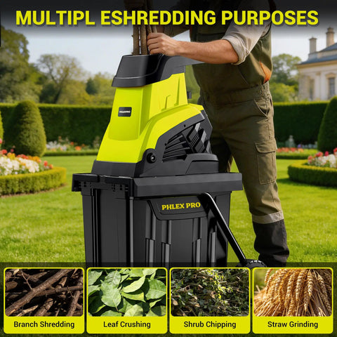 Man using Electric Wood Chipper Shredder With Fifteen Amp Motor And One Point Eight Inch Cutting Diameter Portable Wheels