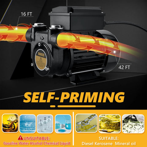 Heavy Duty 110V Ac Diesel Fuel Transfer Pump 15 Gpm at 16 ft lift, showing self-priming function, designed for diesel and kerosene.