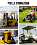 Widely compatible vehicles including forklift, lawn mower, industrial floor sweeper, and tour car in various settings.