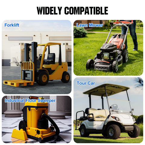 Widely compatible vehicles including forklift, lawn mower, industrial floor sweeper, and tour car in various settings.