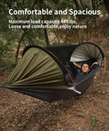Person lounging in 4 In 1 Camping Hammock Tent With Mosquito Net And Removable Sunshade, supported by tree straps in a forest.