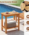 Acacia Wood Outdoor Side Table With Slatted Top And Two Tier Storage Shelf For Backyard Poolside Patio Or Indoor Use Built To Last In Natural Finish No Fuss Durability beside pool with basket underneath