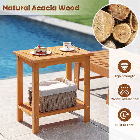Acacia Wood Outdoor Side Table With Slatted Top And Two Tier Storage Shelf For Backyard Poolside Patio Or Indoor Use Built To Last In Natural Finish No Fuss Durability beside pool with basket underneath