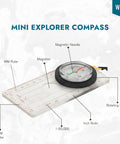 Mini Explorer Compass with rotating bezel, magnifier, magnetic needle, MM and CM rulers. Liquid Filled Compass Kit For Hiking.