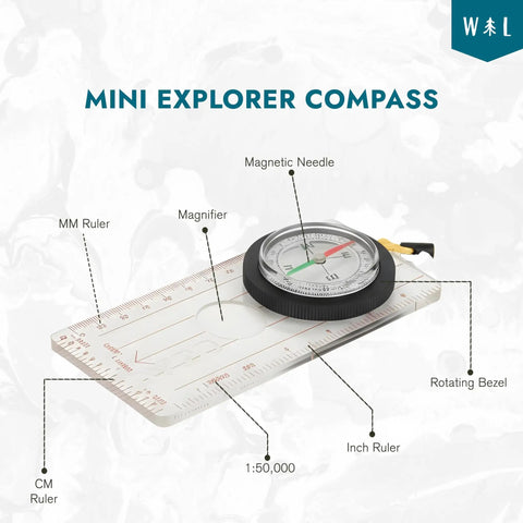 Mini Explorer Compass with rotating bezel, magnifier, magnetic needle, MM and CM rulers. Liquid Filled Compass Kit For Hiking.