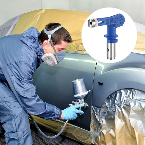Person using airless paint sprayer with Four Reversible Airless Paint Sprayer Tips Set 215 315 417 523 For Home DIY Projects Decks
