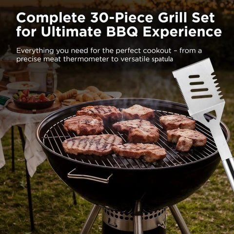Heavy Duty Stainless Steel 30 Piece Grill Set With Meat Thermometer Case And Apron Perfect For Outdoor Barbecues Dad Gift