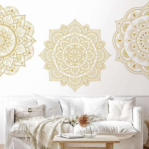 Gold Half Mandala Wall Decals Set With Lotus Flower Vinyl Art For Boho Bedroom And Living Room Four Piece Peel And Stick Kit Two Patterns That Form A Complete Mandala Perfect Headboard Decor For Yoga And Namaste Vibes