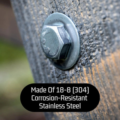 Close-up of a bolt with 100 Pack Stainless Flat Washers 3/8 Inch ID By 7/8 Inch OD Heavy Duty 304 Stainless on wood surface