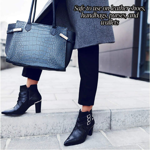 Woman holding handbag and wearing boots, illustrating use of Travel Lite Pre Moistened Shoe Shine Wipes Pack Of 50 Individually Wrapped Streak Free Leather Cleaning Wipes On The Go For Instant Shine And Spotless Finish.