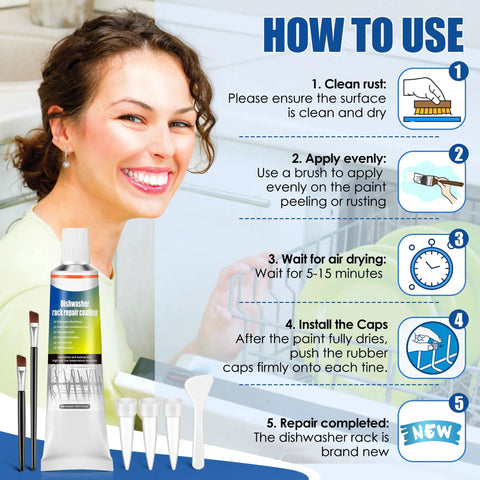 How to use Dishwasher Rack Repair Kit with 1.7oz Grey Waterproof Coating and 100 Tine Prong End Caps shown with illustrations