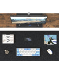 Top view of desk with Massive 40x16 Inch Felt Desk Mat Non Slip Keyboard And Mouse Pad For Office Desk Protect Your Surface