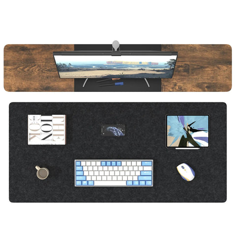 Top view of desk with Massive 40x16 Inch Felt Desk Mat Non Slip Keyboard And Mouse Pad For Office Desk Protect Your Surface