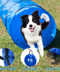 Dog running through 10 Foot Dog Agility Tunnel For All Breeds, Tear Resistant Oxford Cloth Training Tunnel For Indoor And Outdoor Use, Includes 4 Stakes And Carry Bag, Built To Last, No Fuss Setup, Blue on grass