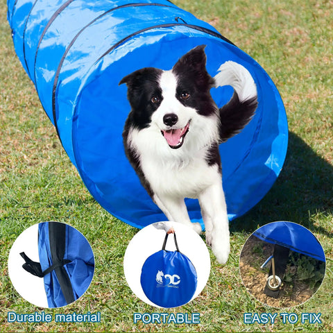 Dog running through 10 Foot Dog Agility Tunnel For All Breeds, Tear Resistant Oxford Cloth Training Tunnel For Indoor And Outdoor Use, Includes 4 Stakes And Carry Bag, Built To Last, No Fuss Setup, Blue on grass