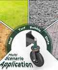 Tough As Nails Eight Inch Gate Wheels With Spring Suspension displayed with mud, turf, rubble, and slate for versatile use.