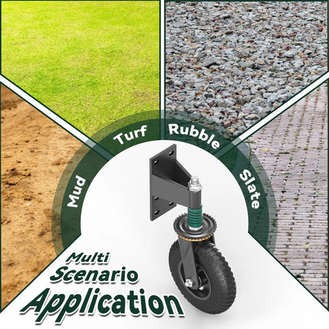 Tough As Nails Eight Inch Gate Wheels With Spring Suspension displayed with mud, turf, rubble, and slate for versatile use.