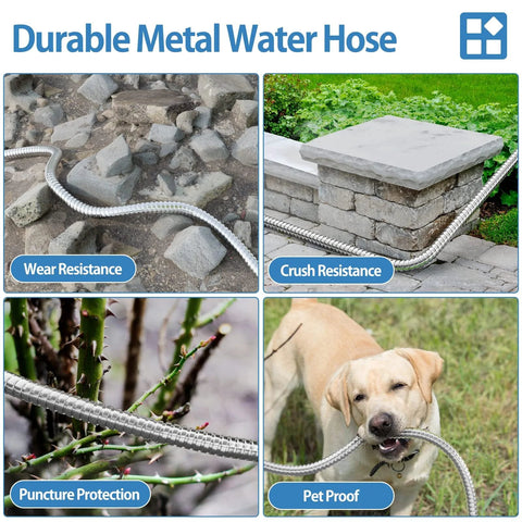 SPECILITE 50 ft stainless steel garden hose with 3/4 in brass connectors; metal, no-expandable, rubber-grip hose