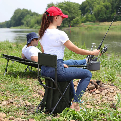 Woman fishing on Backpack Cooler Chair With Backrest, Folding Camping Stool For Outdoors, Insulated Cooler Bag visible