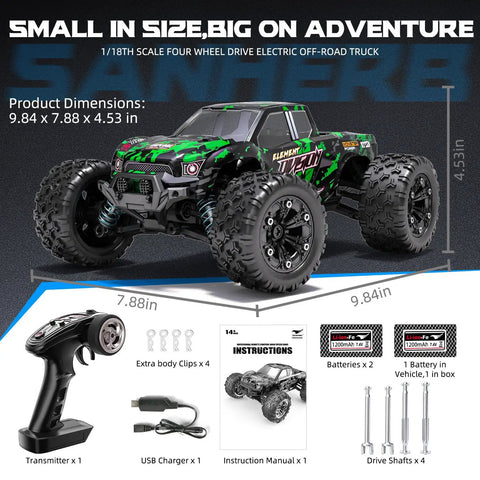 1 18 Scale All Terrain RC Cars 4WD Off Road Truck With 2.4 GHz Remote, green SUV style shown with components and accessories.