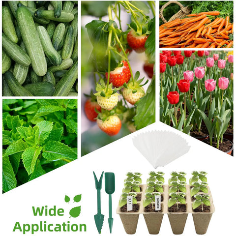 300 Cell Seed Starter Tray Kit With Biodegradable Peat Pots For Seedlings No Mess 25 Trays With Drain Holes Organic Germination Kit Includes Plant Labels And Mini Tools Khaki, shown with plants and vegetables.
