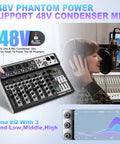 Woman using Six Channel Bluetooth Audio Mixer With USB Playback, 16Bit DSP Reverb, 48V Phantom Power, 3Band EQ in studio
