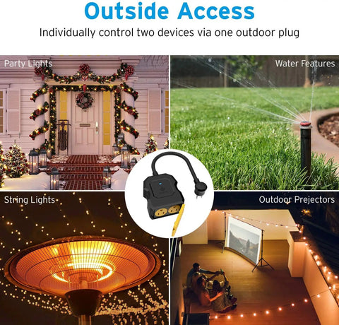 Outdoor Two Socket Smart Plug WiFi Outlet With Alexa And Google Home Compatibility, Remote Control, for patio lighting and decor