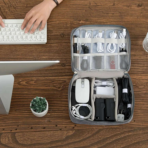 Hella Organized Travel Case For Small Electronics And Usb Charging Gear Including Phone Cables Mouse Sd Cards Power Bank Earphone Bag, grey with organized compartments.