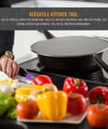 Four Piece Stainless Steel Splatter Guard Set With Fine Mesh on frying pan, kitchen countertop with vegetables, grease protection focus.