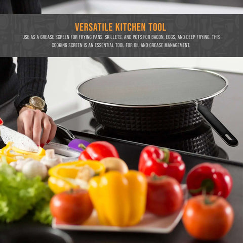 Four Piece Stainless Steel Splatter Guard Set With Fine Mesh on frying pan, kitchen countertop with vegetables, grease protection focus.