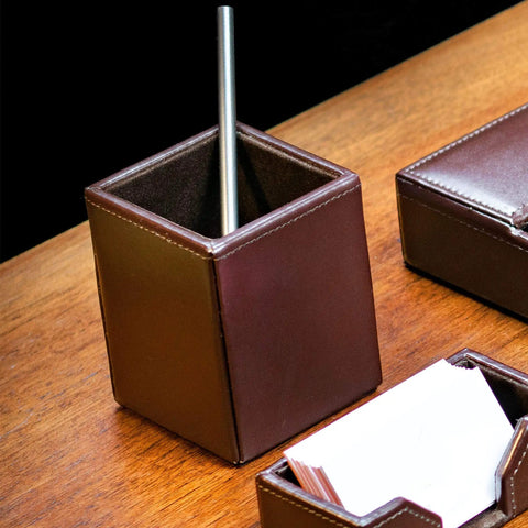 Bonded Leather Pencil Cup for Pens and Pencils, No Brainer Luxury Desk Organizer shown on wooden desk with pen inside