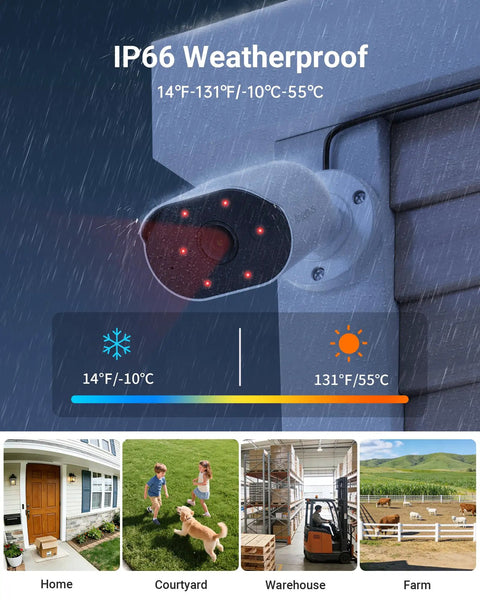 8 Channel Wired Security Camera System With 4 Indoor And Outdoor 1080P Cameras, weatherproof camera in rain, temperature range shown