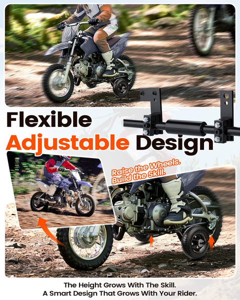 Universal Dirt Bike Training Wheels Kit For 49cc And 50cc Kids Dirt Bikes Built Tough Kid Friendly Adjustable Heavy Duty Durable Support Fits MX125 MX350 MX400 PW50 TTR50 XR50 CRF50 And More shown on a kid's dirt bike.